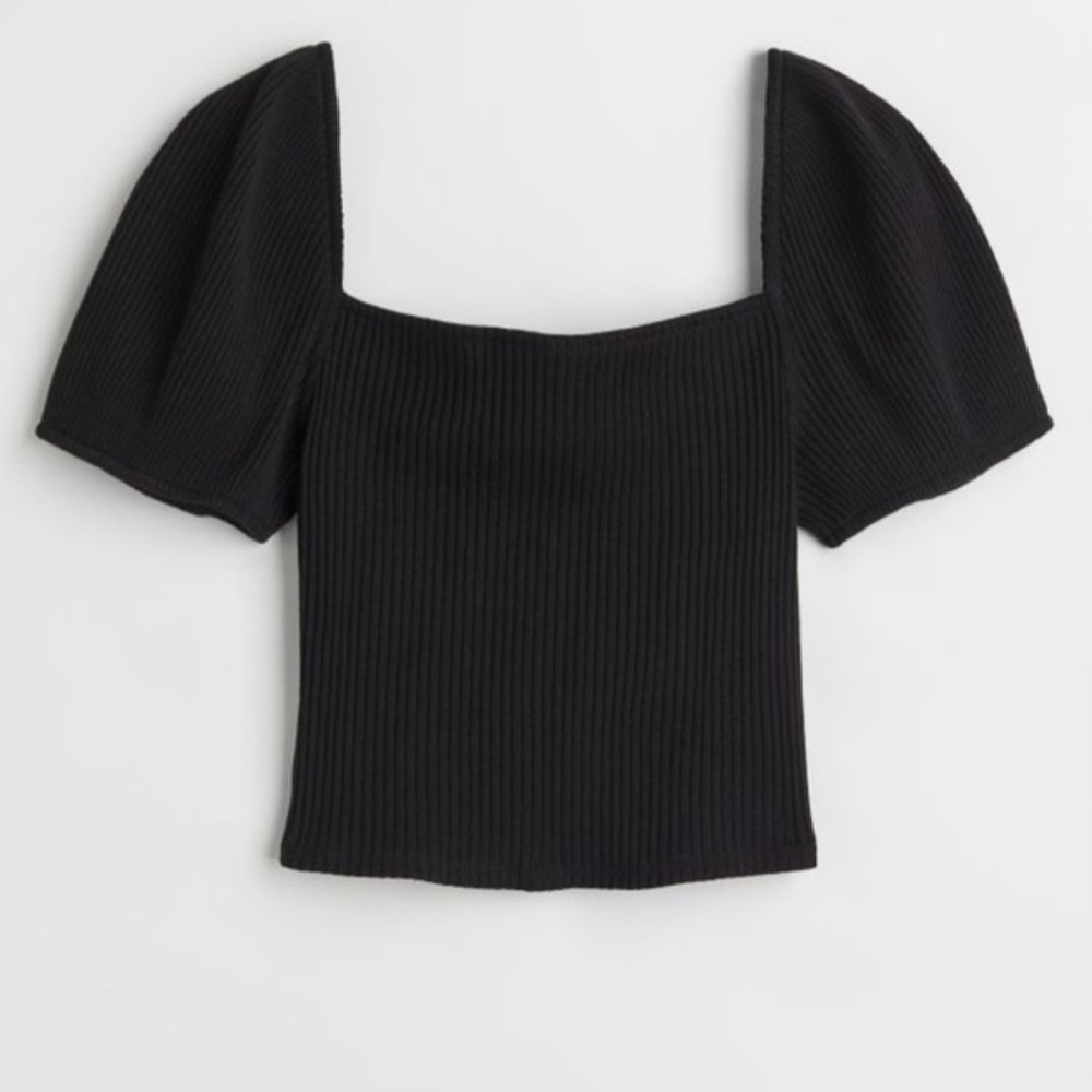 H&M black ribbed puff sleeve crop top